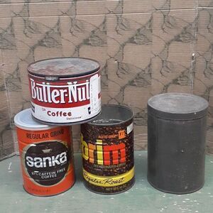 4 pc vintage coffee cans: Butternut, Sanka, Brim, and Bokar